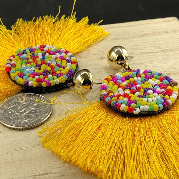 Fringe Fan Earrings Multicolor Beaded Yellow Tassel Boho Festival Dangle Drops - Picture 4 of 7